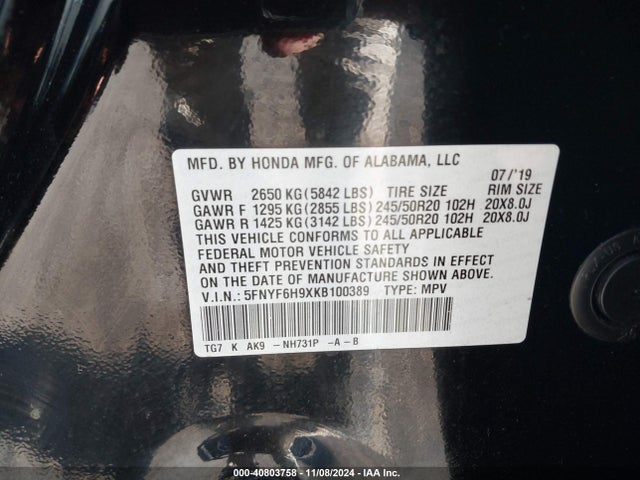 Honda Pilot Touring 2019 5FNYF6H9XKB100389 Image 9