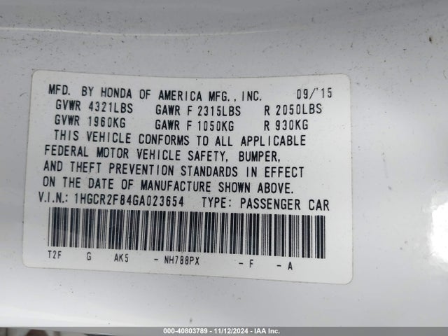 Honda Accord Ex-l 2016 1HGCR2F84GA023654 Image 9