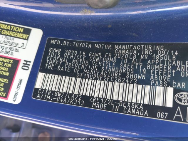 2T1BURHE2FC262473 Toyota Corolla S Premium
