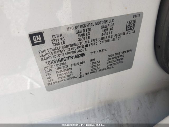 1GKS1GKC7FR169205 GMC Yukon Xl 1500 Sle