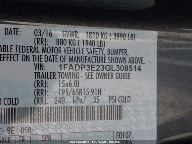 1FADP3E23GL308514 Ford FOCUS S