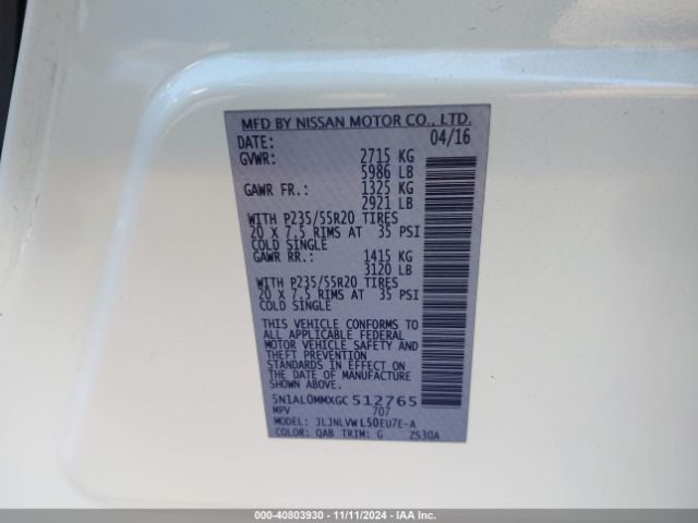 5N1AL0MMXGC512765 Infiniti QX60