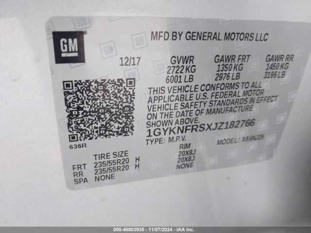 1GYKNFRSXJZ182766 Cadillac Xt5 Premium Luxury