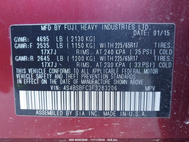 Subaru Outback 2.5i Premium 2015 4S4BSBFC3F3283206 Image 9