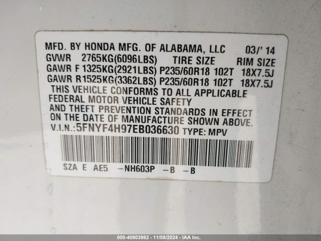 Honda Pilot Touring 2014 5FNYF4H97EB036630 Image 9