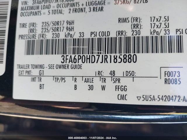 Ford FUSION SE 2018 3FA6P0HD7JR185880 Image 9