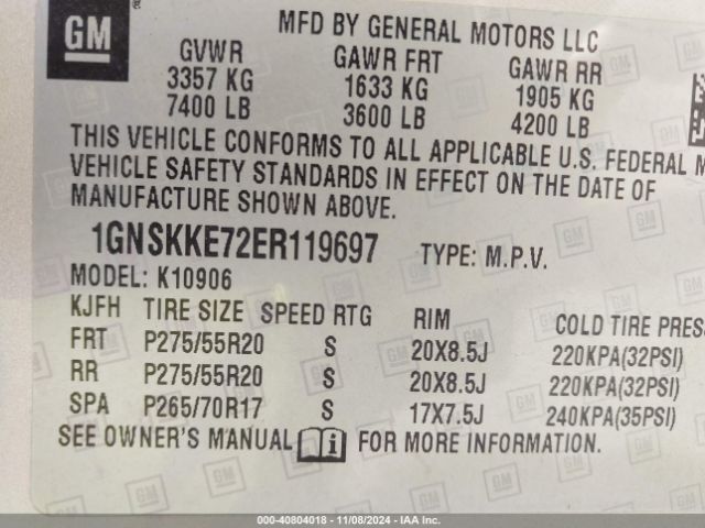 1GNSKKE72ER119697 Chevrolet Suburban 1500 Ltz