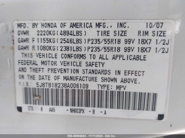 2008 ACURA RDX 5J8TB18238A006109 Photo 8