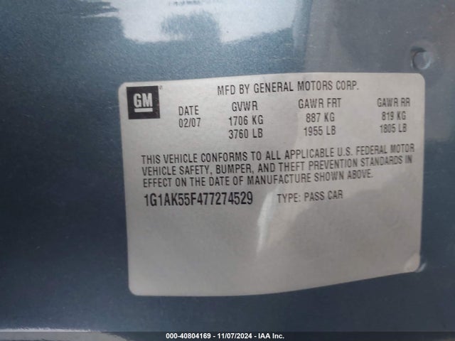 Продажа на аукционе авто 2007 Chevrolet Cobalt Ls, vin: 1G1AK55F477274529, номер лота: 40804169