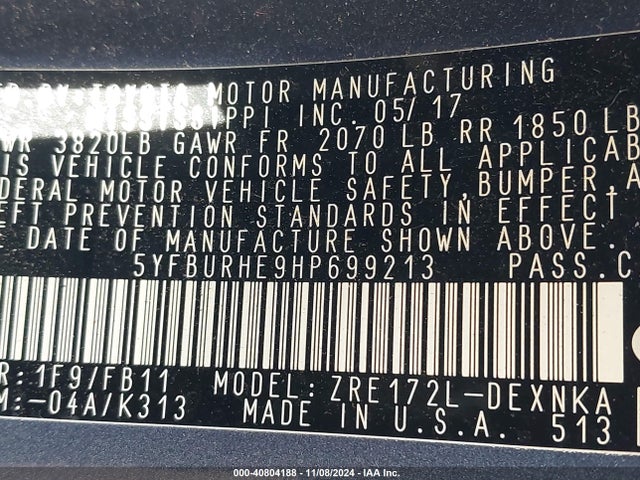 Toyota COROLLA LE 2017 5YFBURHE9HP699213 Image 9