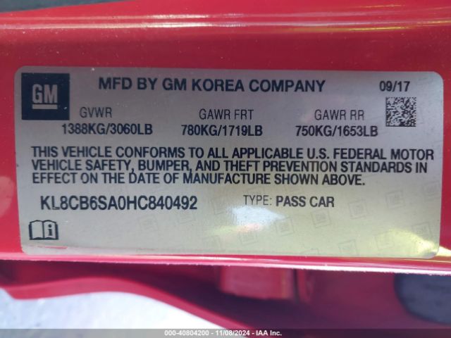 KL8CB6SA0HC840492 Chevrolet Spark Ls Cvt