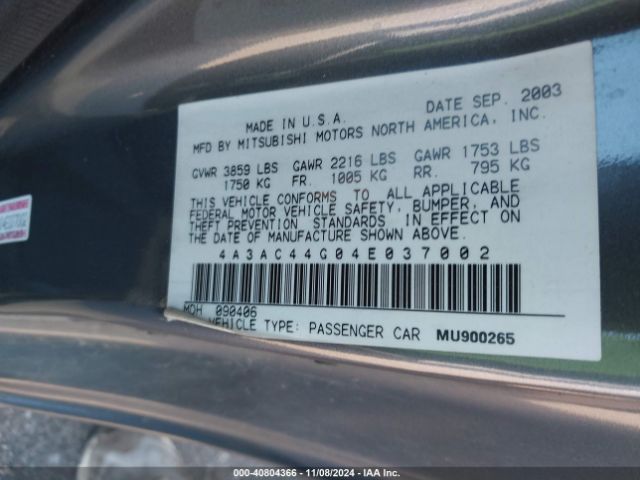 2004 MITSUBISHI ECLIPSE 4A3AC44G04E037002 Photo 8