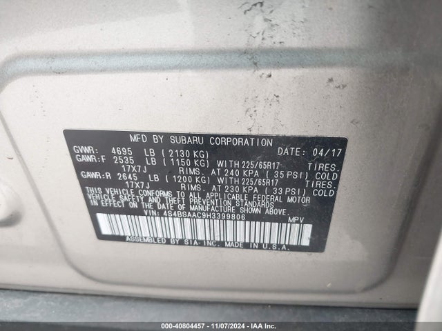 Subaru Outback 2.5i 2017 4S4BSAAC9H3399806 Image 9