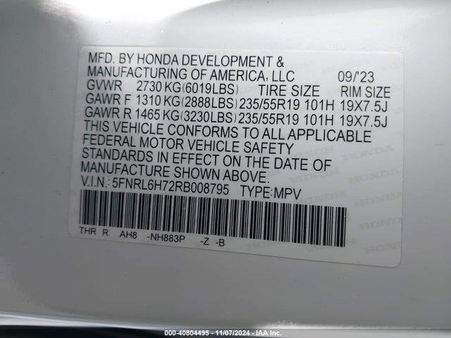5FNRL6H72RB008795 Honda Odyssey Sport