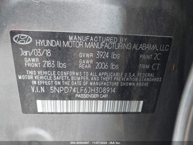 5NPD74LF6JH308914 Hyundai ELANTRA SE