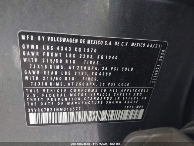 3VVRX7B21NM016577 Volkswagen Taos 1.5t Se