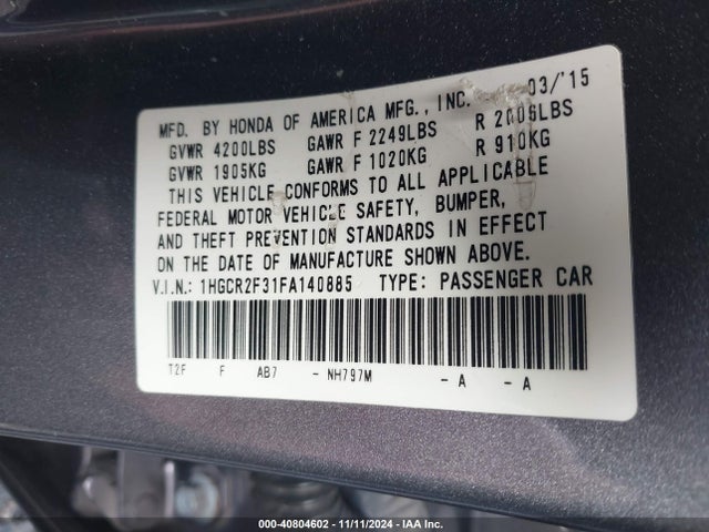 Honda ACCORD LX 2015 1HGCR2F31FA140885 Image 9