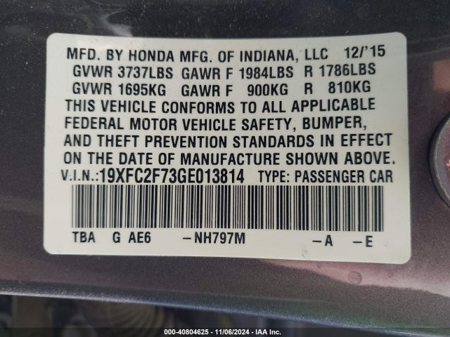 Honda CIVIC EX 2016 19XFC2F73GE013814 Image 9