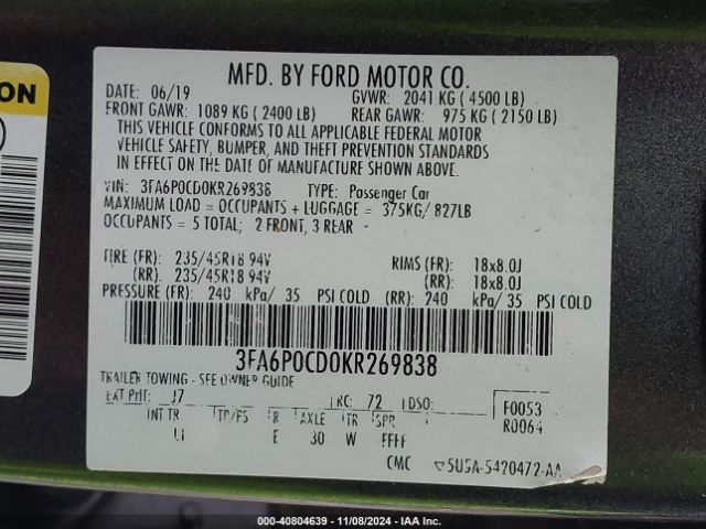 3FA6P0CD0KR269838 Ford FUSION SEL