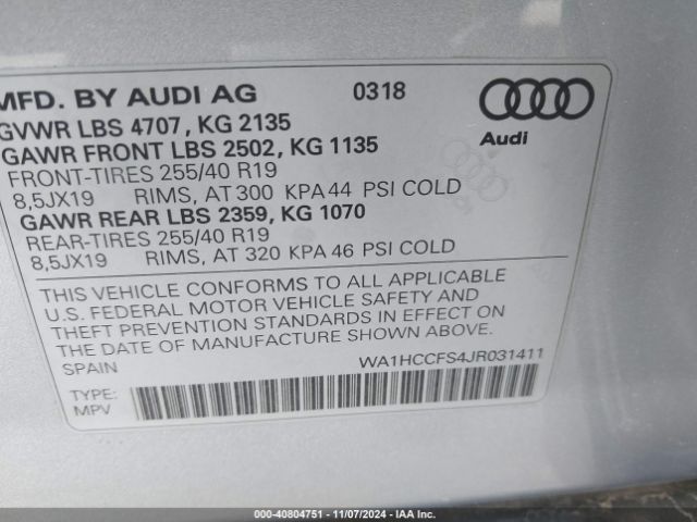 WA1HCCFS4JR031411 Audi Q3 2.0t Premium/2.0t Sport Premium