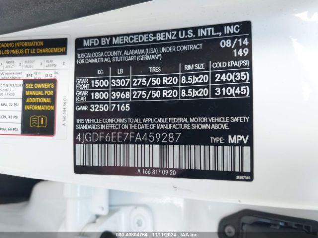 4JGDF6EE7FA459287 Mercedes-Benz Gl 450 4matic
