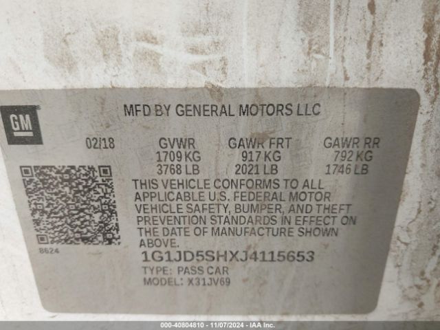 1G1JD5SHXJ4115653 Chevrolet Sonic Lt Auto