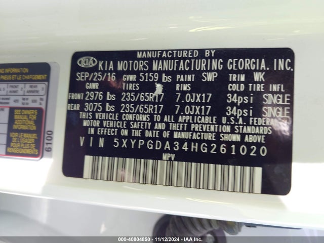 KIA Sorento 2.4l Lx 2017 5XYPGDA34HG261020 Image 9