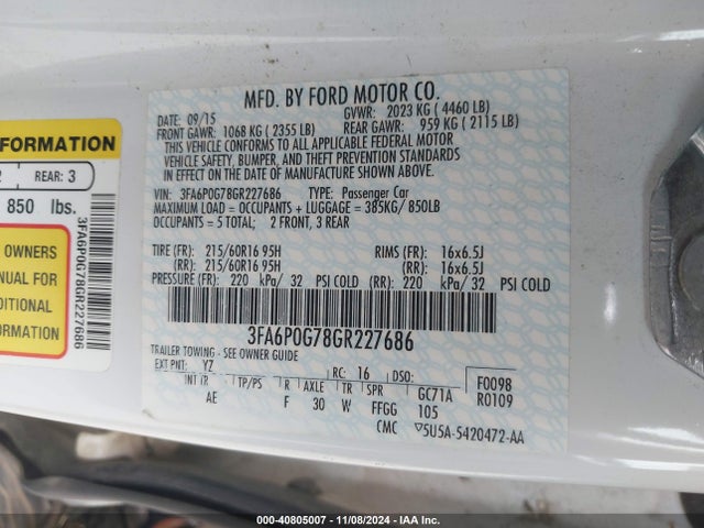 Ford FUSION S 2016 3FA6P0G78GR227686 Image 9