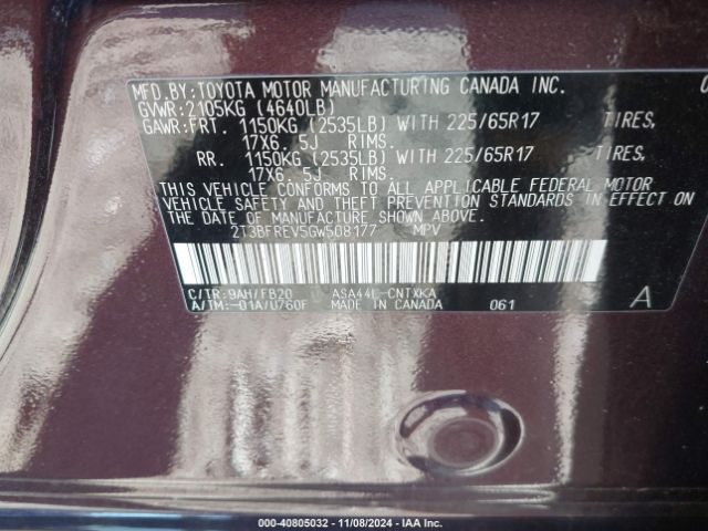 2T3BFREV5GW508177 Toyota RAV4 LE
