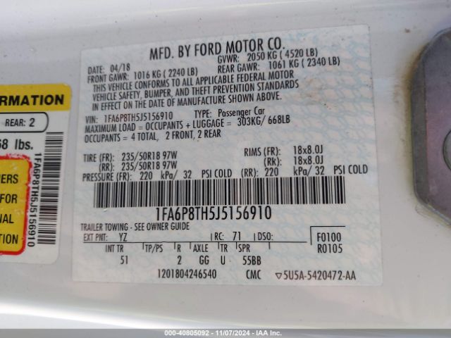 1FA6P8TH5J5156910 Ford Mustang Ecoboost