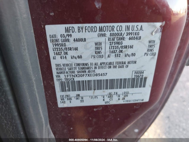 1999 FORD SUPER DUTY F-250 1FTNX20F7XED85457 Photo 8