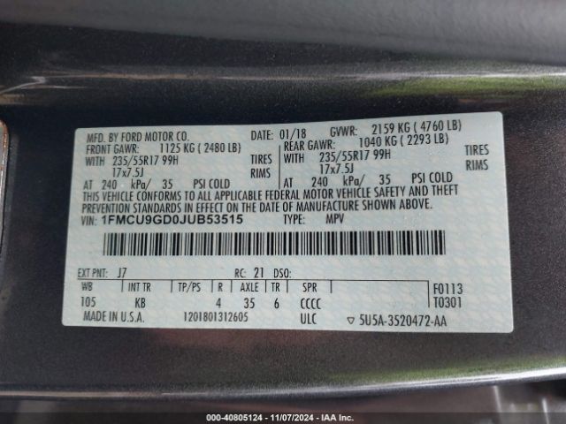 1FMCU9GD0JUB53515 Ford ESCAPE SE