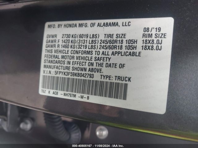5FPYK3F59KB042793 Honda Ridgeline Rtl