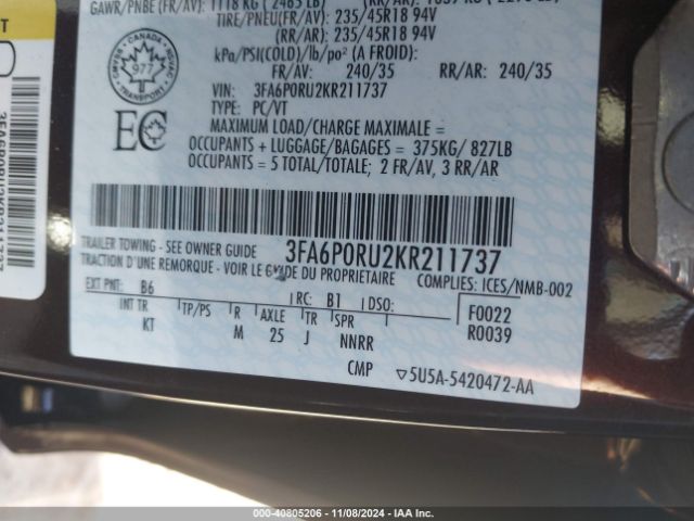 3FA6P0RU2KR211737 Ford Fusion Hybrid Titanium