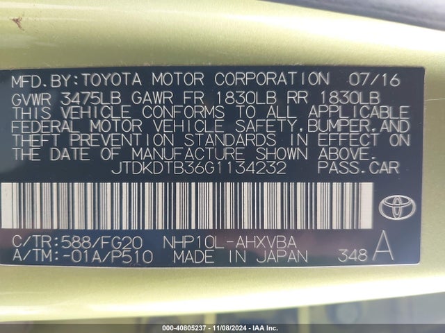 JTDKDTB36G1134232 Toyota Prius C Two