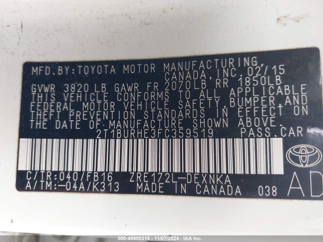 Toyota Corolla Le Plus 2015 2T1BURHE3FC359519 Image 9