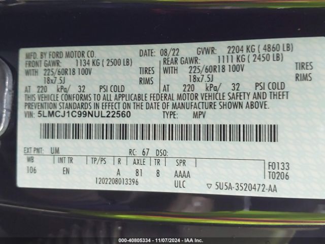 5LMCJ1C99NUL22560 Lincoln Corsair Standard