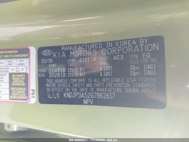 KIA SOUL + 2016 KNDJP3A52G7862617 Image 9