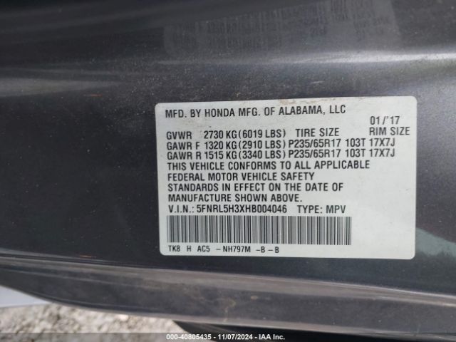 5FNRL5H3XHB004046 Honda ODYSSEY SE