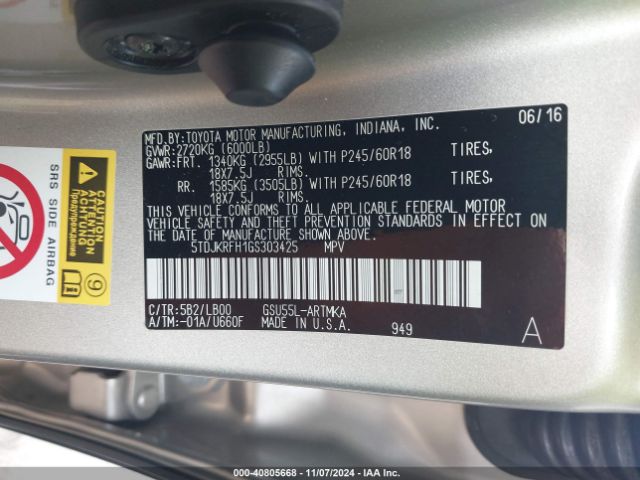 5TDJKRFH1GS303425 Toyota Highlander Xle V6