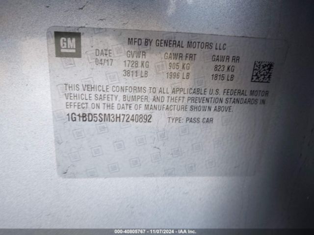 1G1BD5SM3H7240892 Chevrolet Cruze Lt Manual