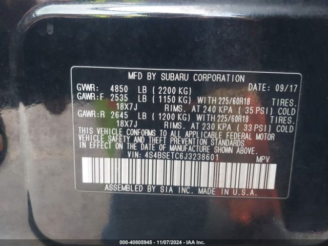 4S4BSETC6J3238601 Subaru Outback 3.6r Touring