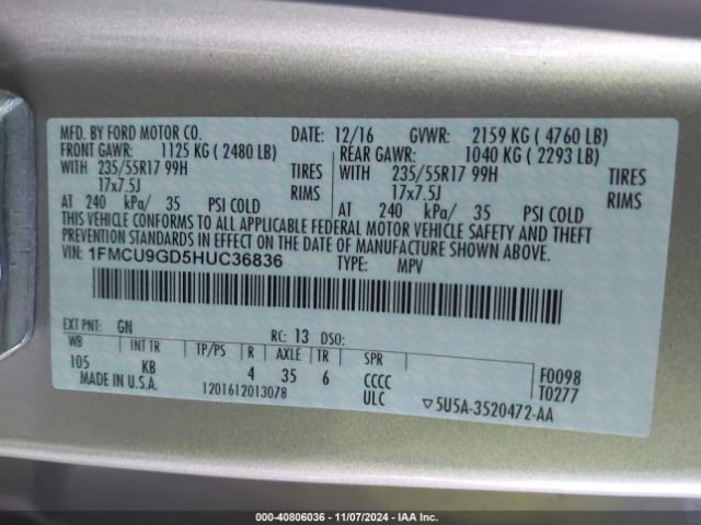 1FMCU9GD5HUC36836 Ford ESCAPE SE