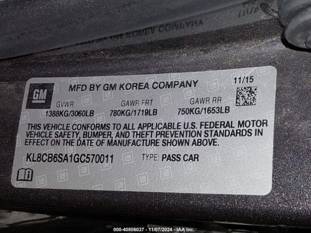 KL8CB6SA1GC570011 Chevrolet Spark Ls Cvt