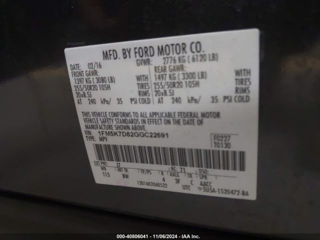 1FM5K7D82GGC22691 Ford EXPLORER XLT