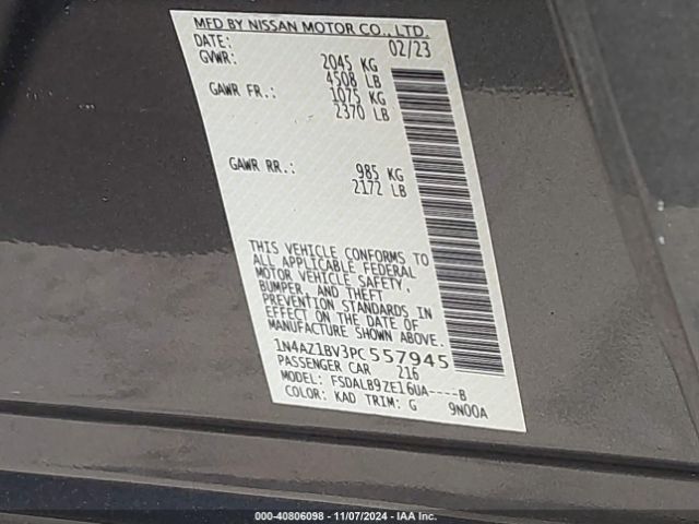 1N4AZ1BV3PC557945 Nissan Leaf S 40 Kwh