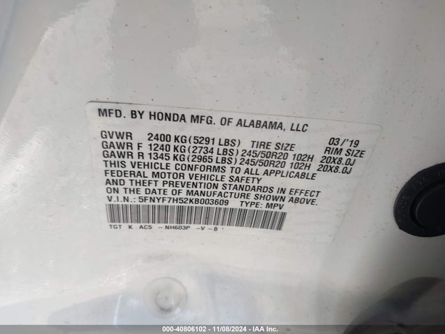 Honda Passport Ex-l 2019 5FNYF7H52KB003609 Image 9