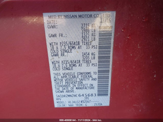 Nissan Pathfinder Sv 2017 5N1DR2MN2HC645683 Image 9