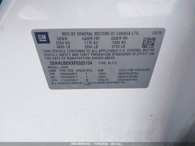 Chevrolet EQUINOX 1LT 2015 2GNALBEKXF6325134 Image 9