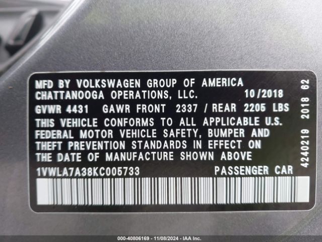1VWLA7A38KC005733 Volkswagen Passat 2.0t Wolfsburg Edition